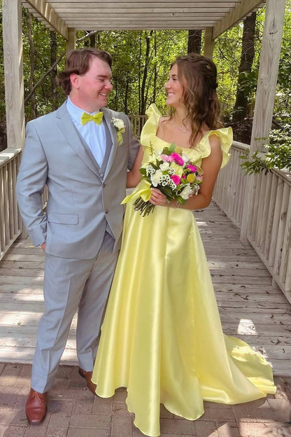 Square Neckline Yellow A-line Long Prom Dress