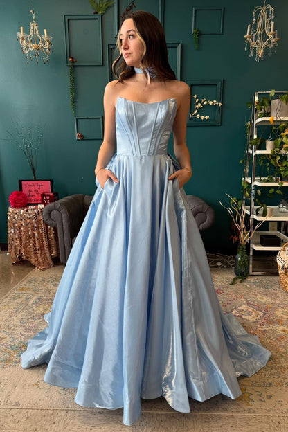 Light Blue Strapless Bow and Floral A-Line Dress