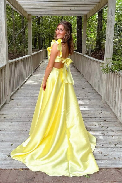 Square Neckline Yellow A-line Long Prom Dress