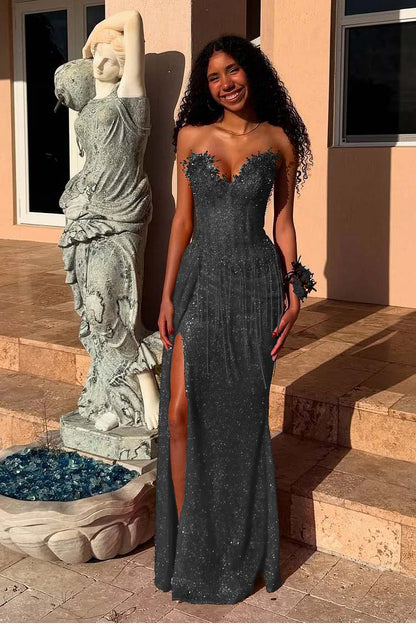 Red Strapless Sleeveless Long Mermaid Prom Dress With Sequins Split