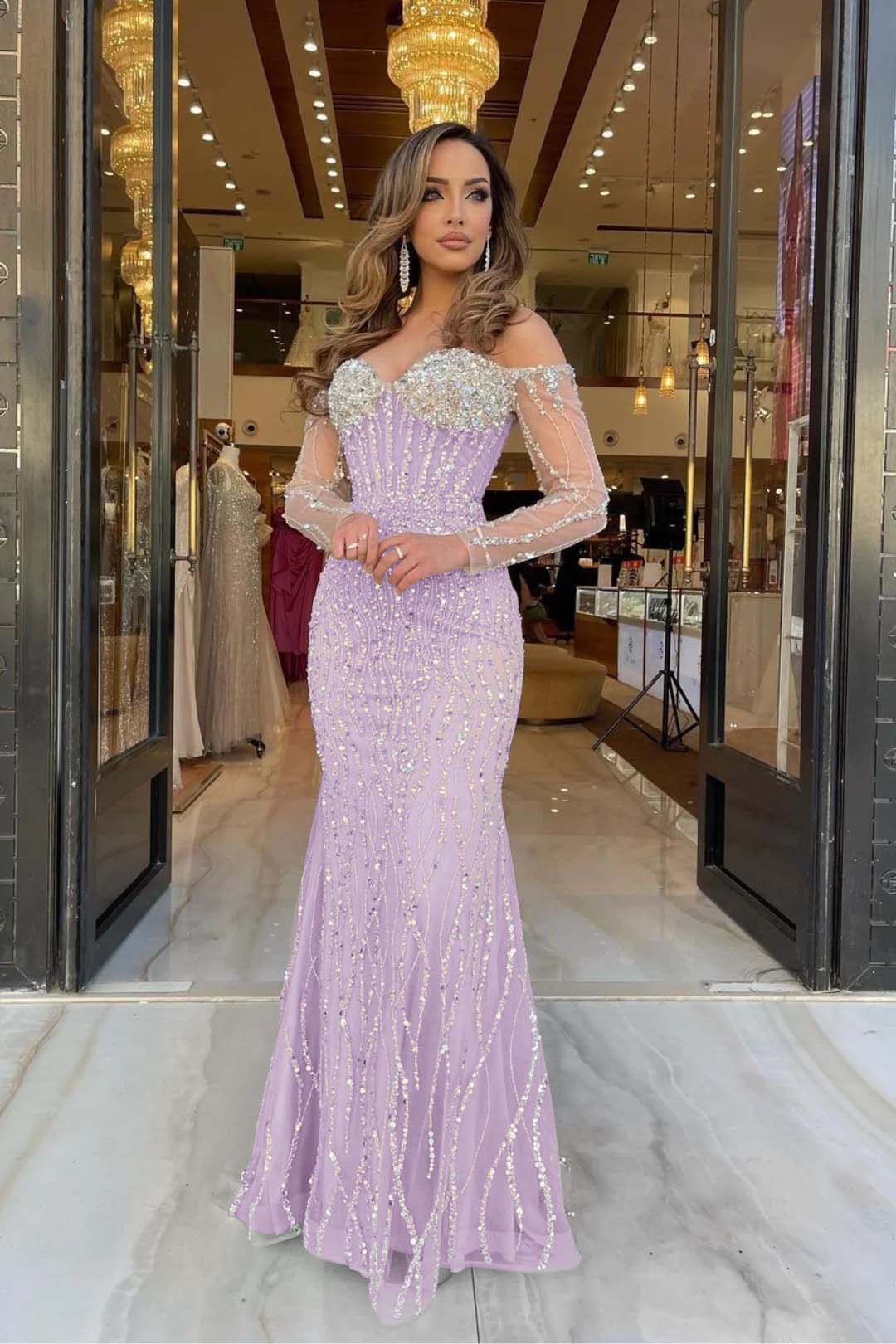Heavy Prom Dress Sweetheart Long Sleeves Strapless Beading Long Tulle