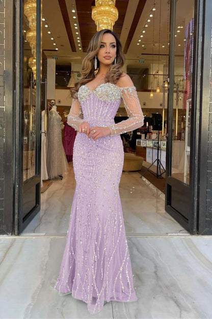 Heavy Prom Dress Sweetheart Long Sleeves Strapless Beading Long Tulle