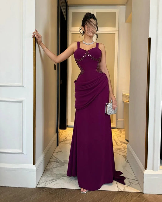 Timeless Purple Sleeveless Sequins Pleated Prom Dress With Train YK0782
