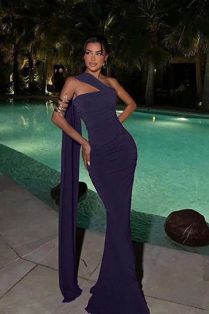 Dark Brown Strapless Sleeveless Long Mermaid Prom Dress With Pleated And Ruffle