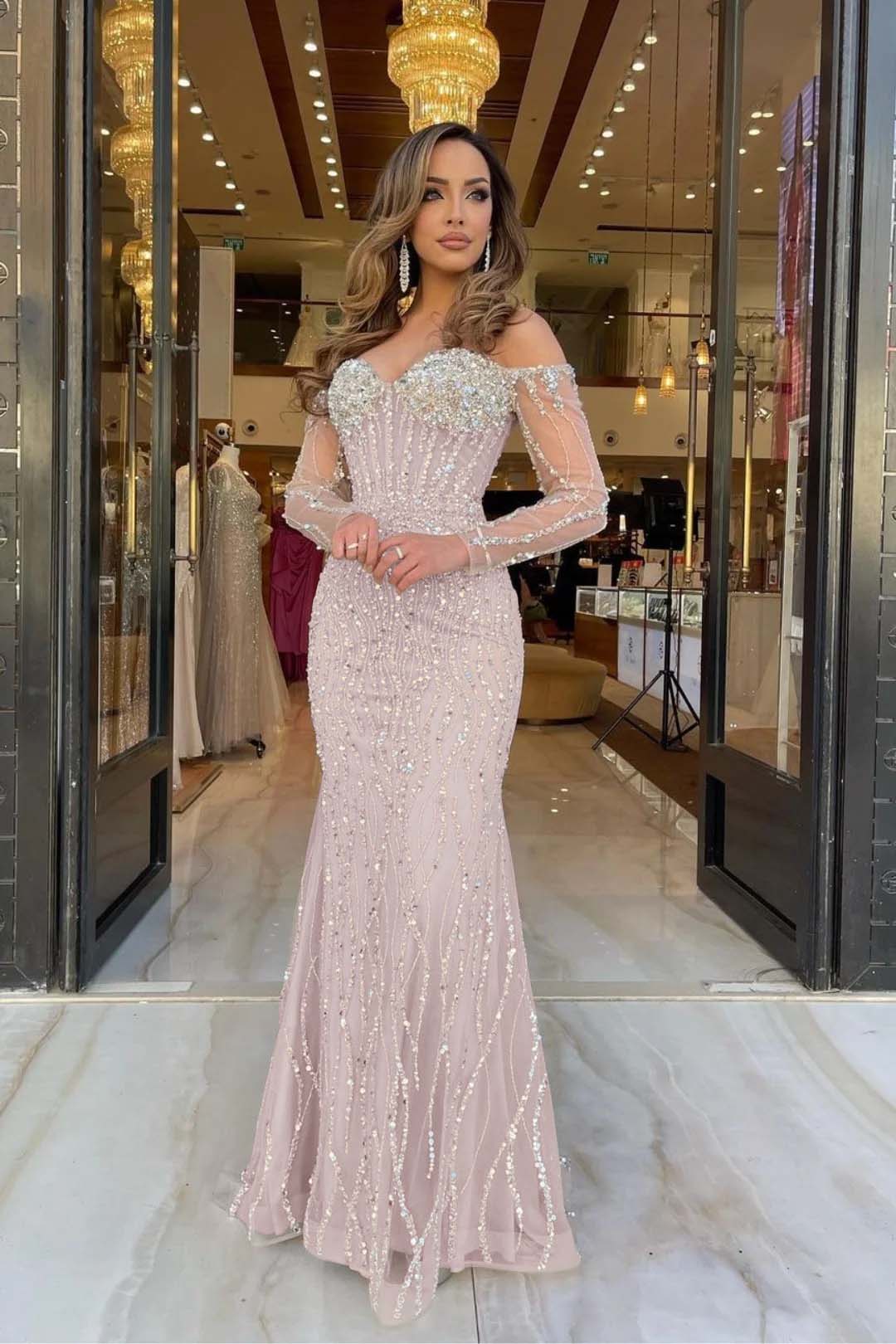 Heavy Prom Dress Sweetheart Long Sleeves Strapless Beading Long Tulle