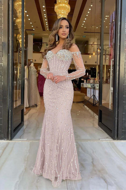 Heavy Prom Dress Sweetheart Long Sleeves Strapless Beading Long Tulle