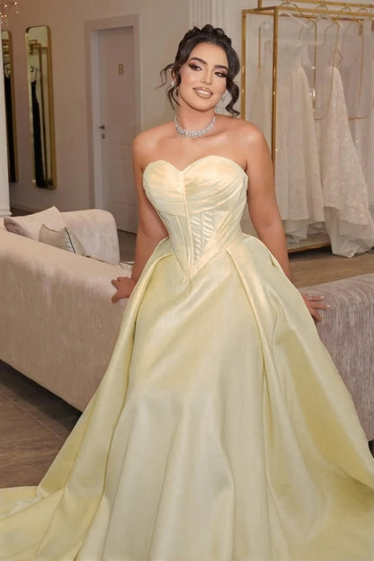 Satin Sweetheart Strapless Sleeveless Long Pleated Mermaid Prom Dress With Corset