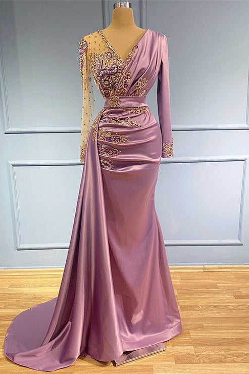V Neck Long Sleeves Beadings Long Prom Dress V Neck Mermaid With Pleated