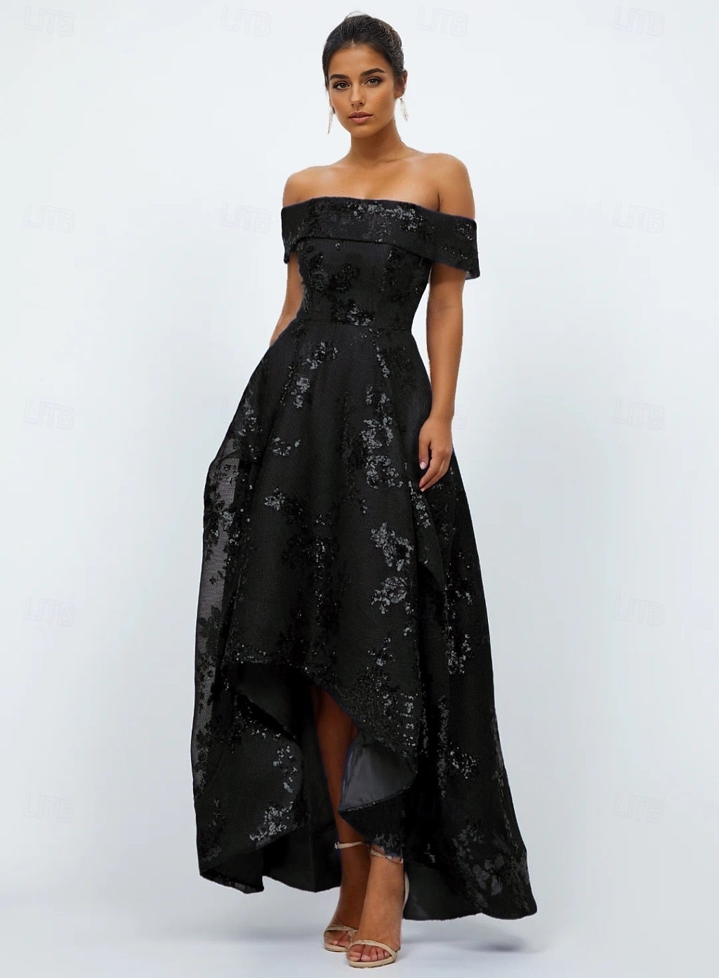 Sparkle Off the Shoulder Flowers Floral Print A-Line Evening Dress