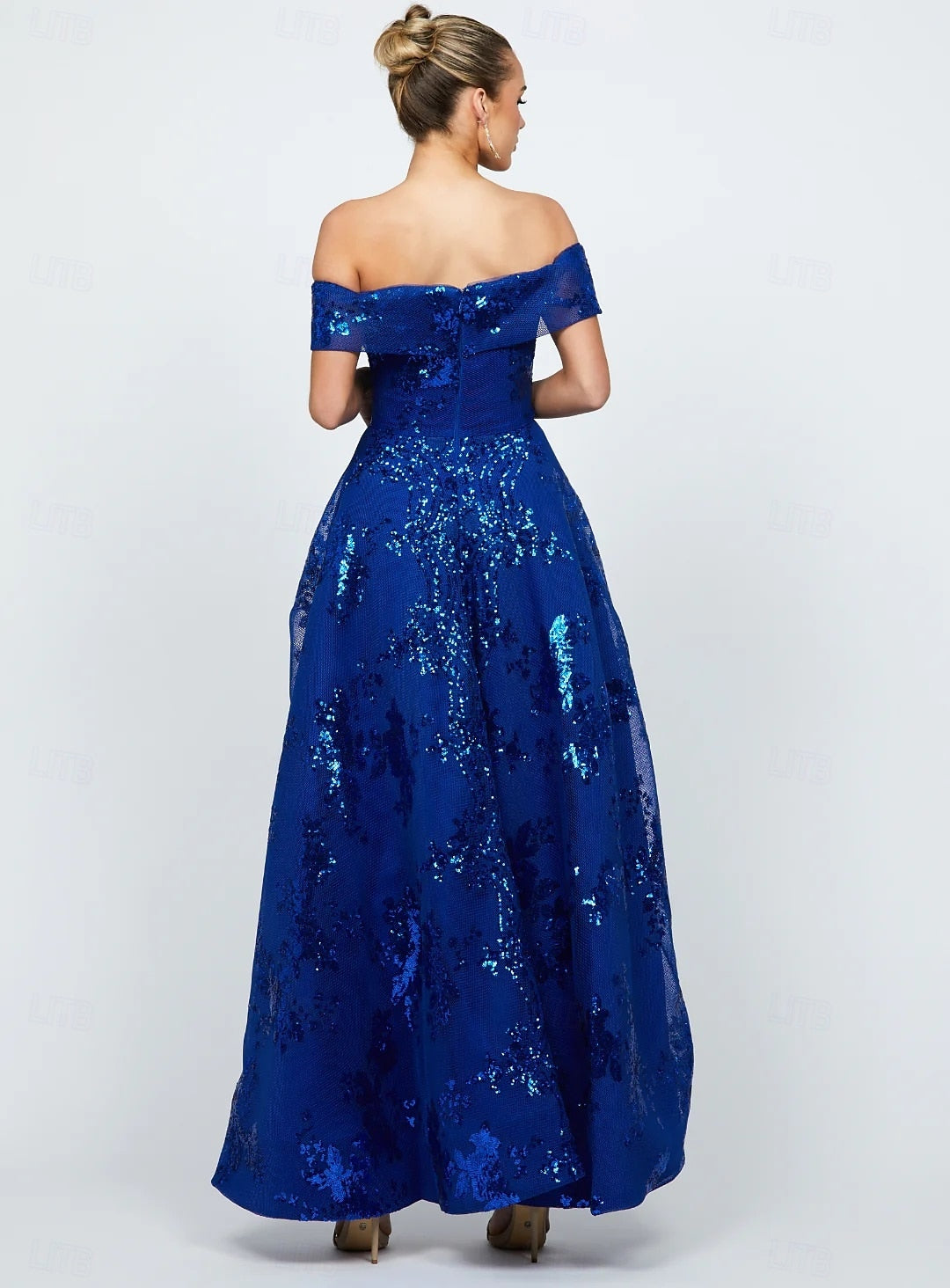 Sparkle Off the Shoulder Flowers Floral Print A-Line Evening Dress
