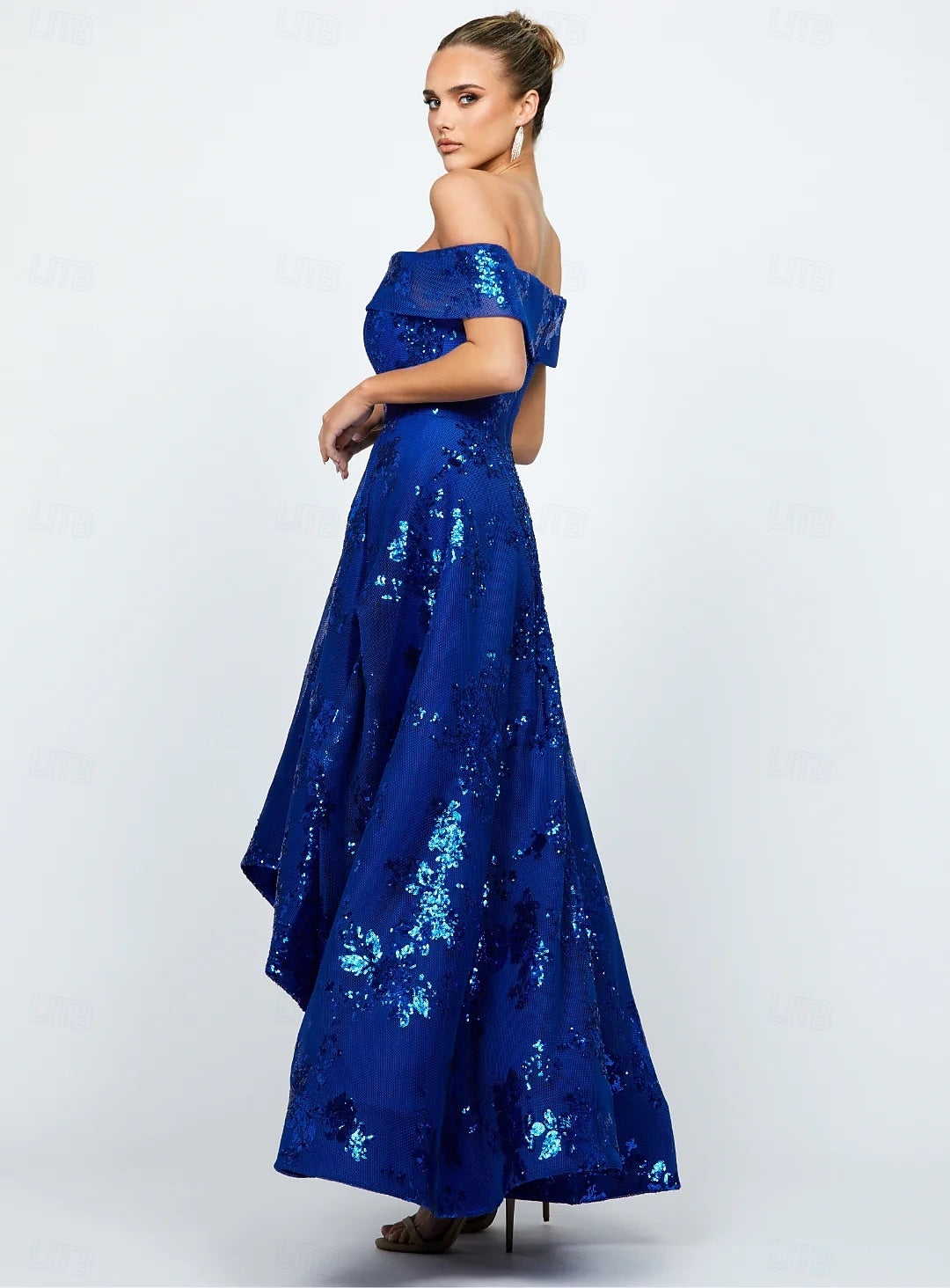 Sparkle Off the Shoulder Flowers Floral Print A-Line Evening Dress