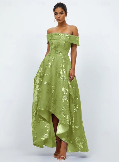 Sparkle Off the Shoulder Flowers Floral Print A-Line Evening Dress