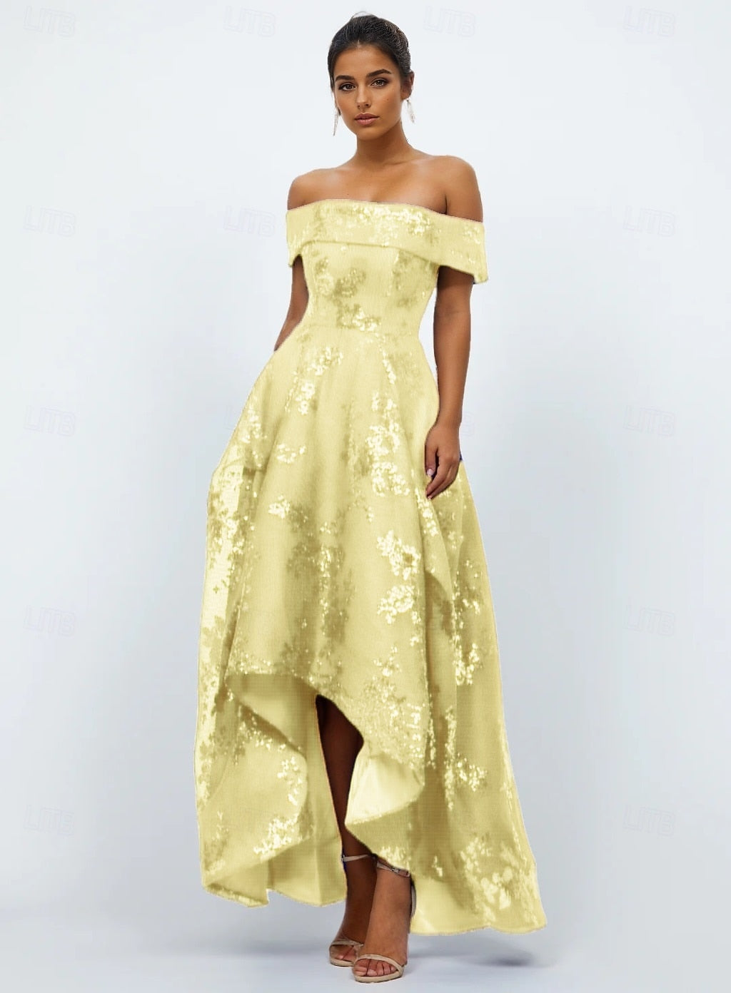 Sparkle Off the Shoulder Flowers Floral Print A-Line Evening Dress