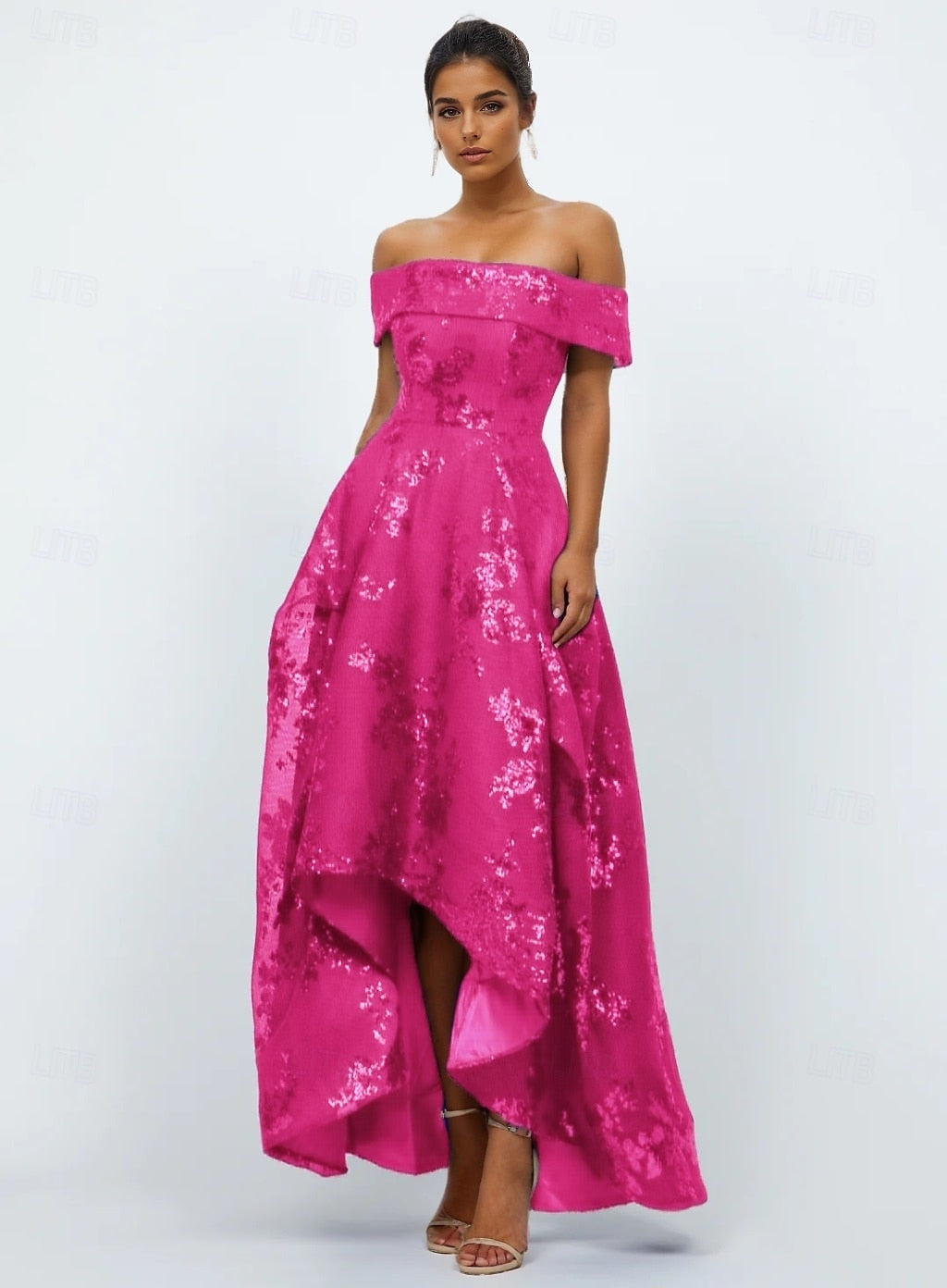 Sparkle Off the Shoulder Flowers Floral Print A-Line Evening Dress