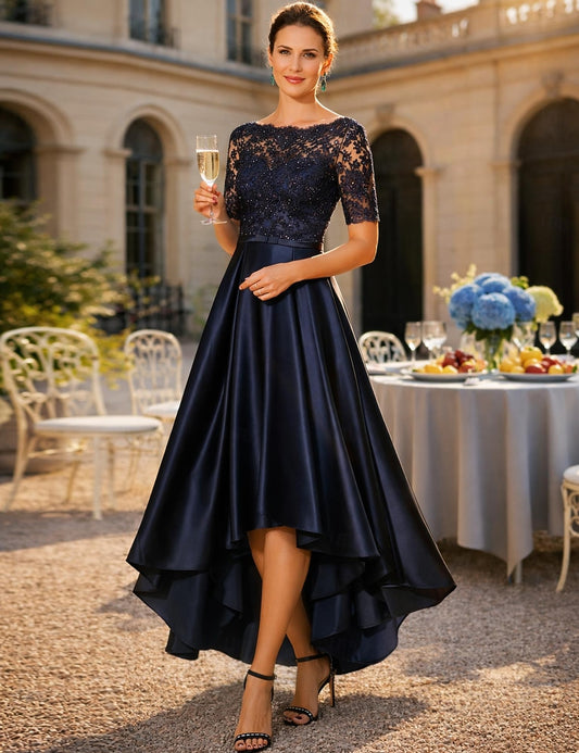 Lace Half Sleeve A-Line Tea-Length Formal Women Evening Dress