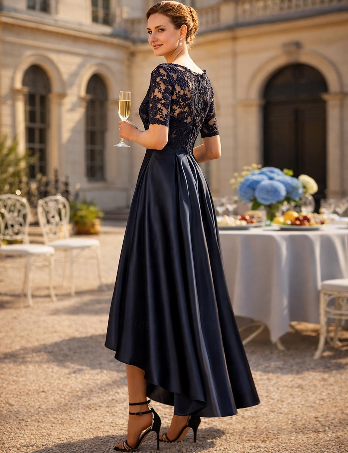 Lace Half Sleeve A-Line Tea-Length Formal Women Evening Dress