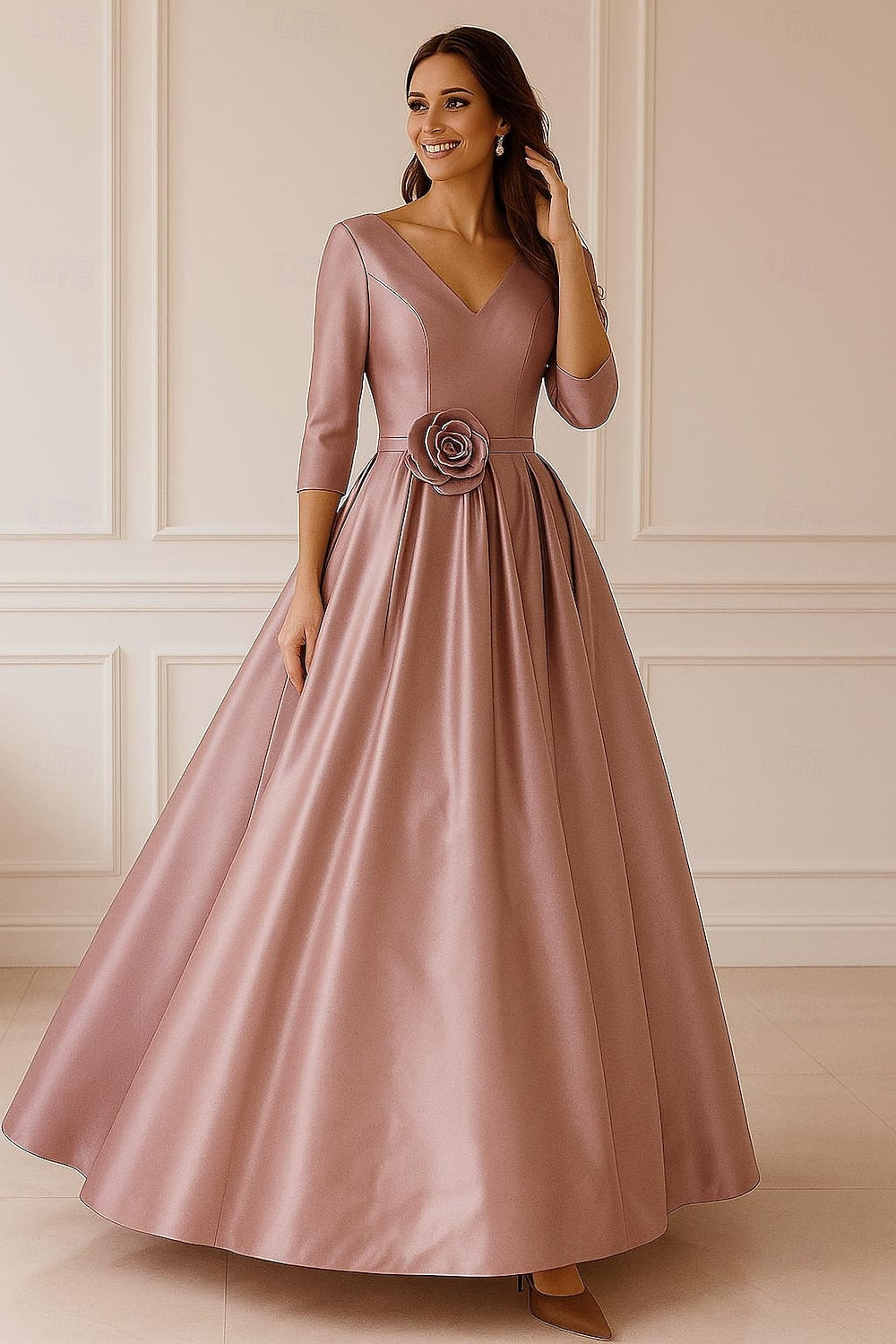 V-Neck 3/4 Sleeve Flowers A-Line Formal Evening Dress