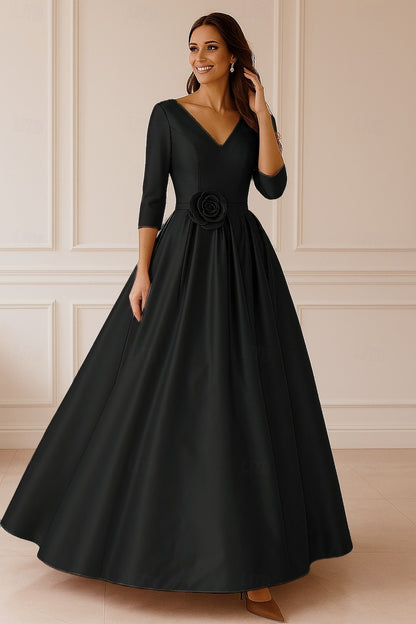 V-Neck 3/4 Sleeve Flowers A-Line Formal Evening Dress