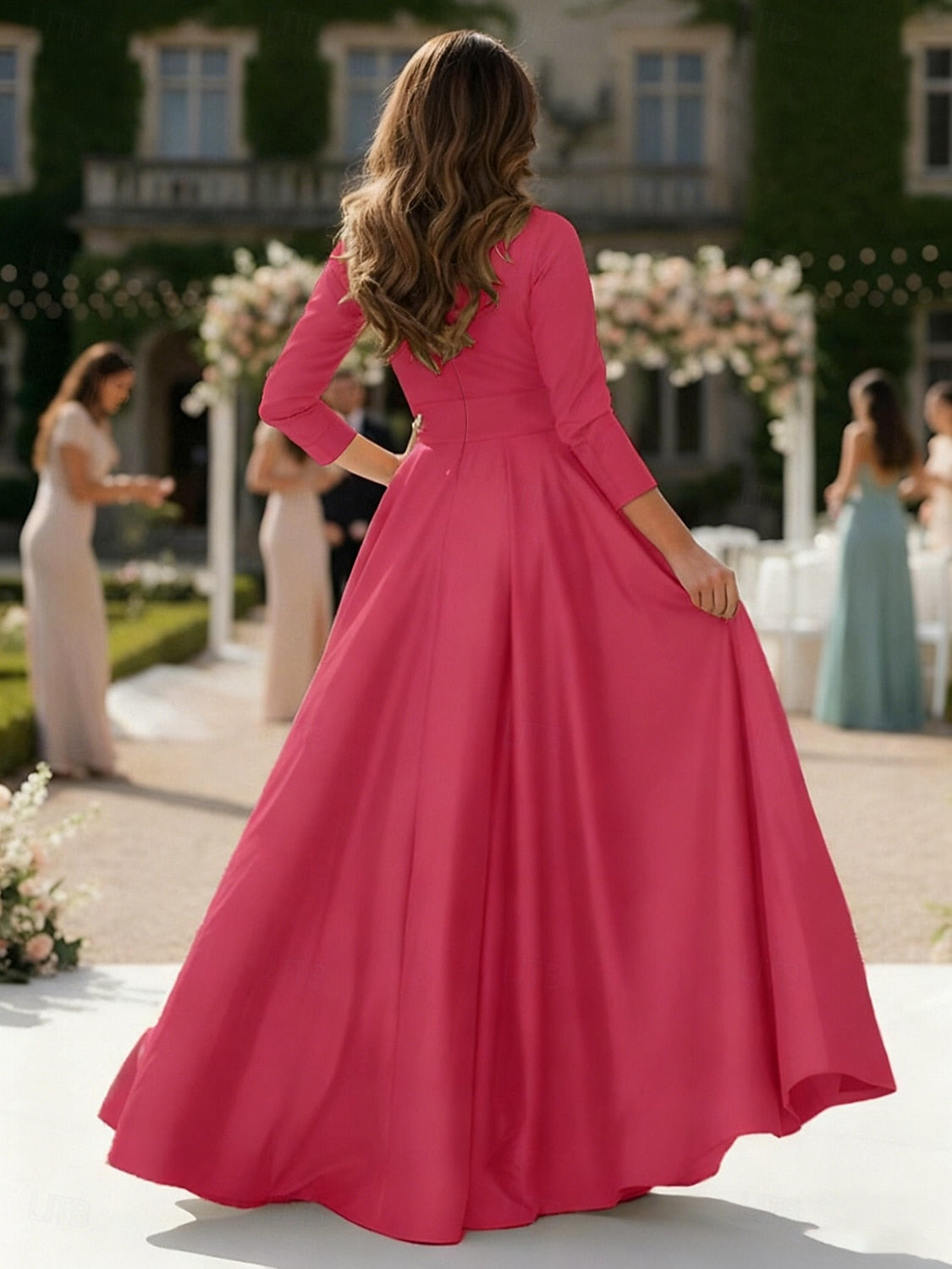 Fuchsia V-Neck Long Sleeve A-Line Formal Evening Dress