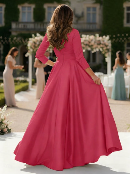 Fuchsia V-Neck Long Sleeve A-Line Formal Evening Dress