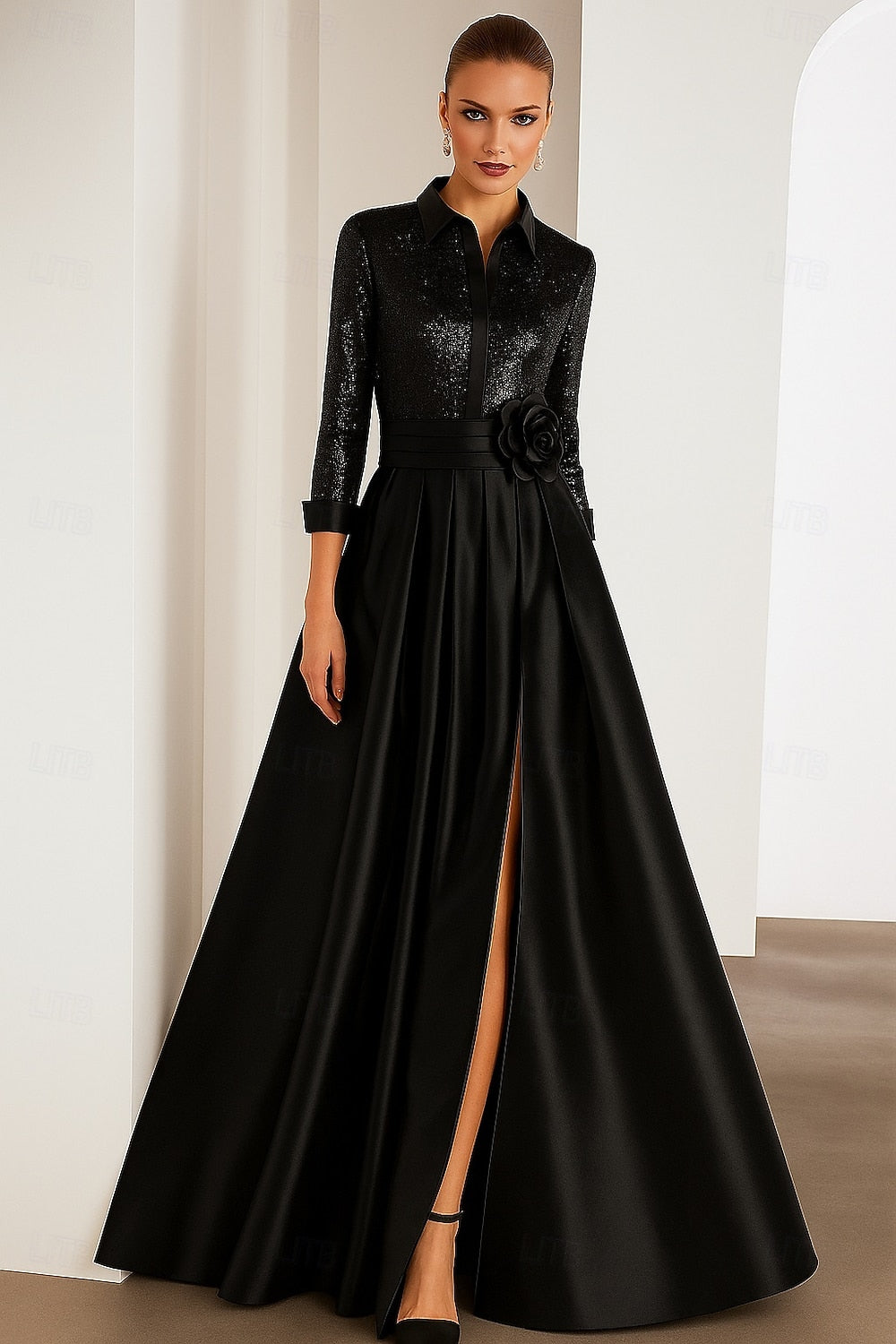 Sequins Sparkle Long Sleeve A-Line Side Slit Evening Dress