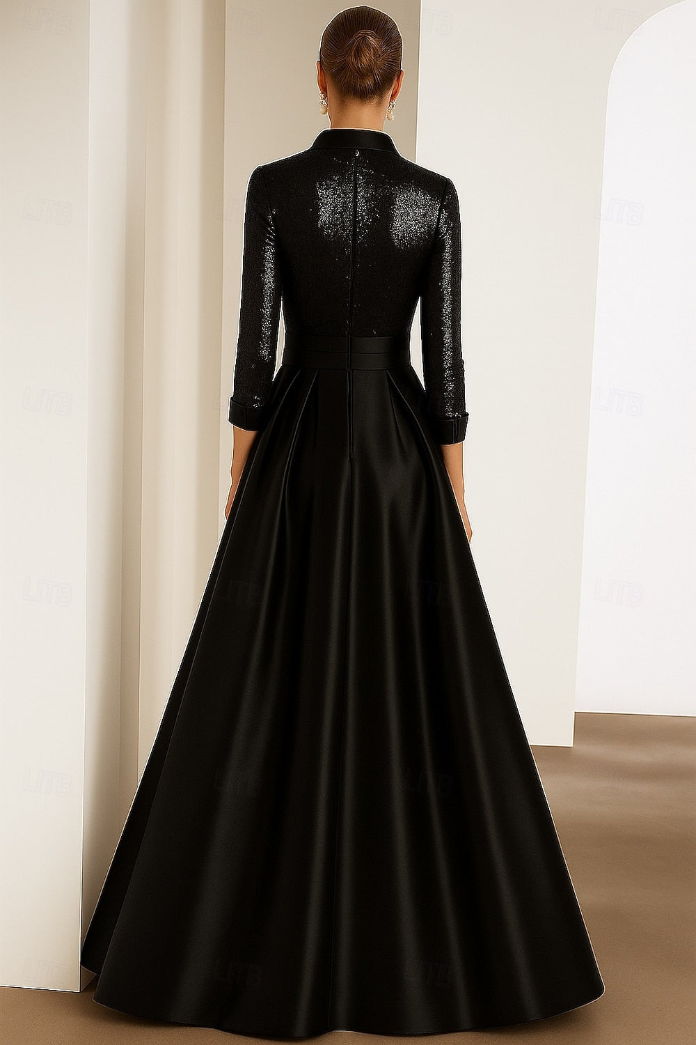 Sequins Sparkle Long Sleeve A-Line Side Slit Evening Dress