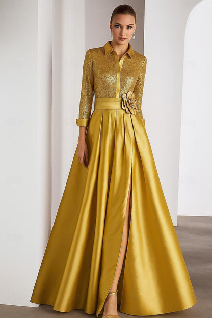 Sequins Sparkle Long Sleeve A-Line Side Slit Evening Dress