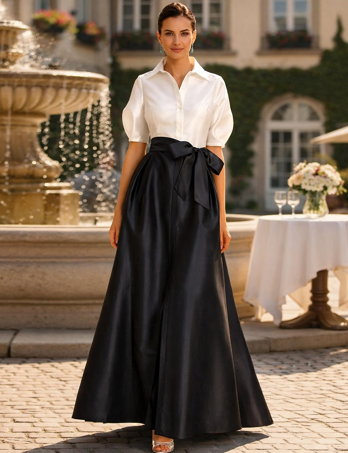 Elegant Half Sleeve A-Line Black Bow Evening Dress