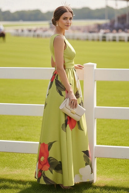 Green Halter Floral Print Sleeveless A-Line Ankle-Length Evening Dress