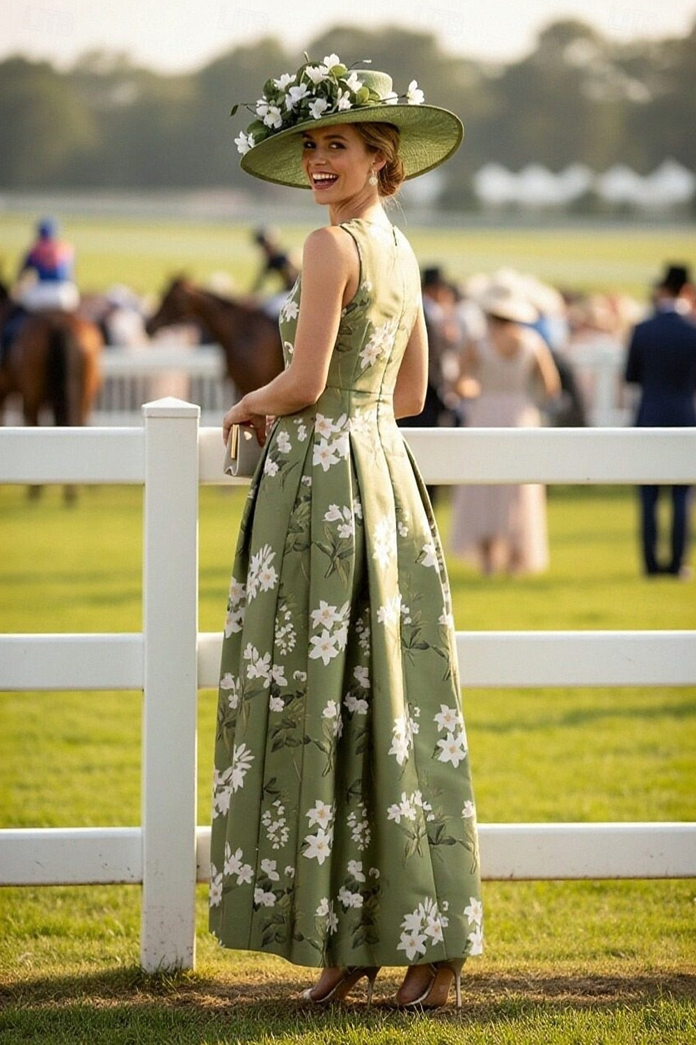 Green V-Neck Sleeveless A-Line Floral Print Flowers Evening Dress