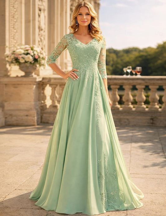 Green Applique Lace 3/4 Sleeve A-Line Floor-Length Evening Dress