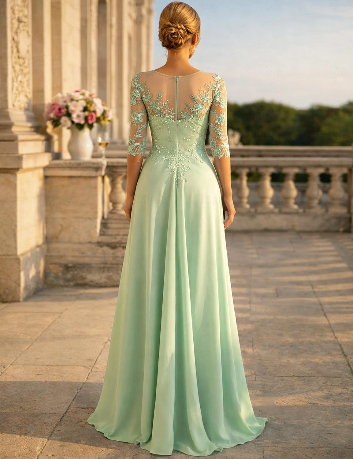 Green Applique Lace 3/4 Sleeve A-Line Floor-Length Evening Dress