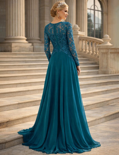 Applique Long Sleeve A-Line Floor-Length Formal Evening Dress