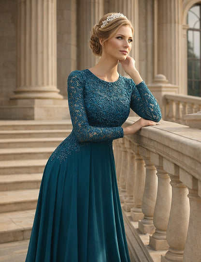 Applique Long Sleeve A-Line Floor-Length Formal Evening Dress