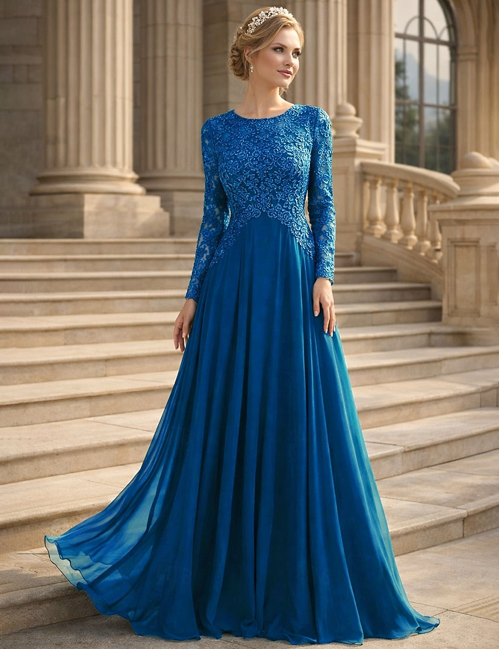 Applique Long Sleeve A-Line Floor-Length Formal Evening Dress