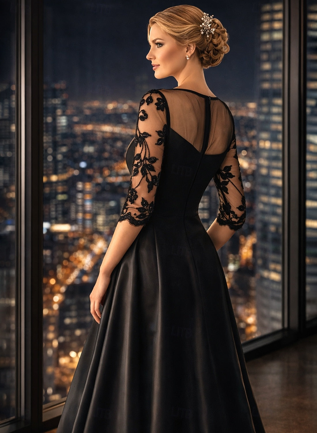 Black 3/4 Sleeve Applique A-Line Side Slit Floor-Length Evening Dress