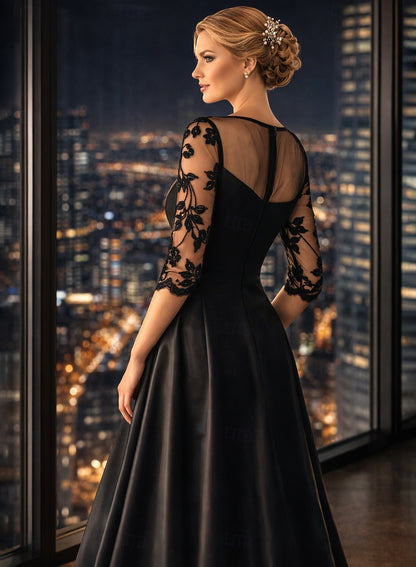 Black 3/4 Sleeve Applique A-Line Side Slit Floor-Length Evening Dress