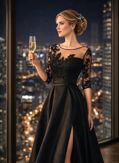Black 3/4 Sleeve Applique A-Line Side Slit Floor-Length Evening Dress
