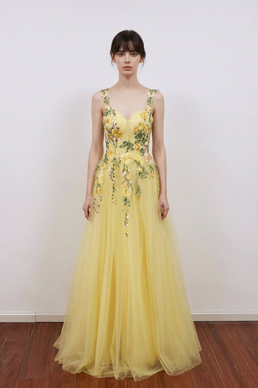 A-Line Flower Embroidery Light Yellow Prom Dress Formal Gown