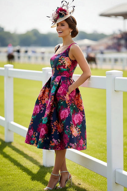 Square Neck Sleeveless Flowers Floral Print A-Line Tea-Length Evening Dress