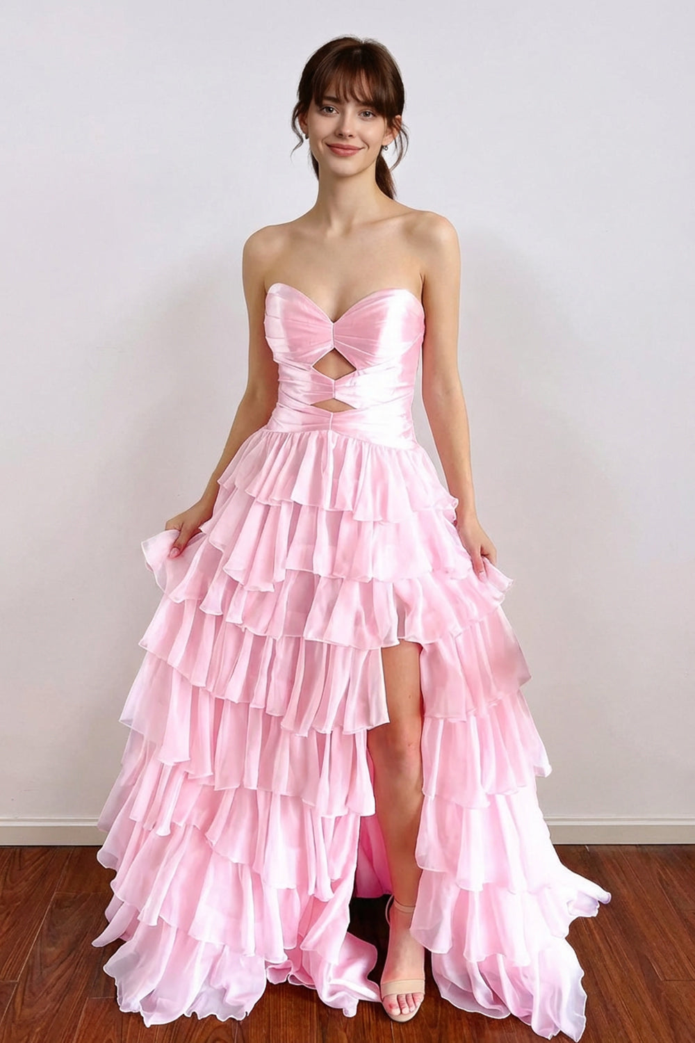 A-Line Pleated Keyhole  Ruffle Hot Pink Prom Dress with Split