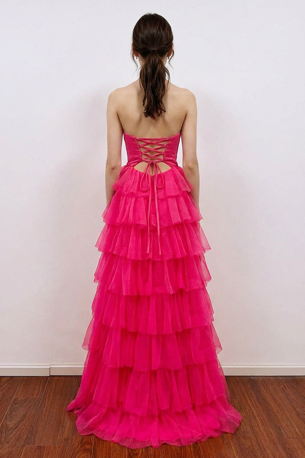 A-Line Pleated Keyhole  Ruffle Hot Pink Prom Dress with Split