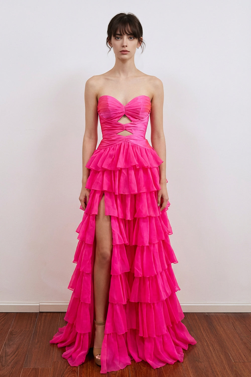 A-Line Pleated Keyhole  Ruffle Hot Pink Prom Dress with Split