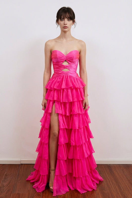 A-Line Pleated Keyhole  Ruffle Hot Pink Prom Dress with Split