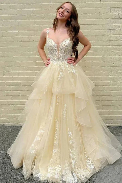 A-Line Straps V-Neck Empire Waist Lace Appliques Ruffles Prom Dress