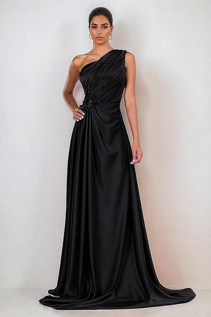 One Shoulder Sleeveless A-Line Floor-Length Evening Dress