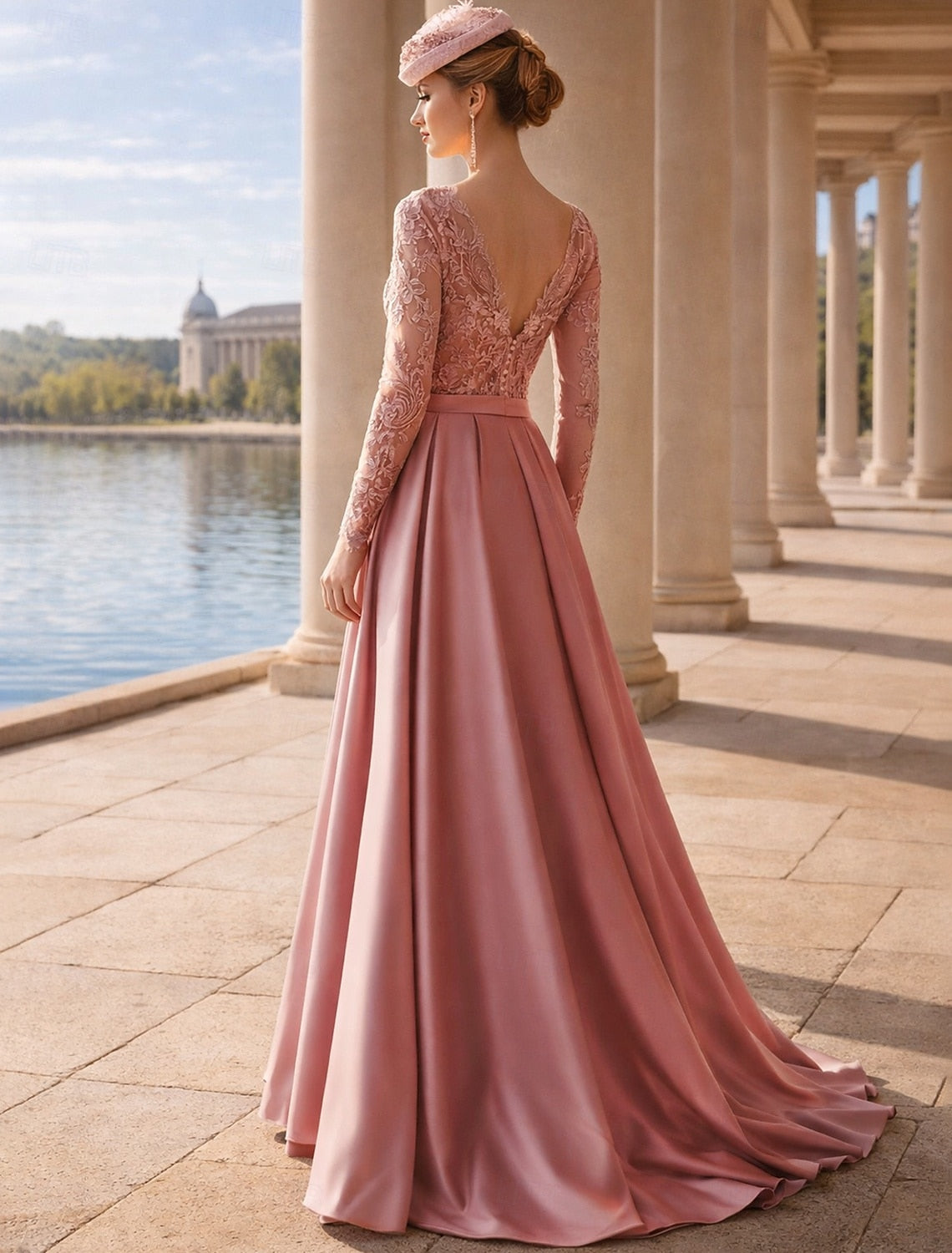 Long Sleeve Applique Mermaid Court Train Floor-Length Evening Dress