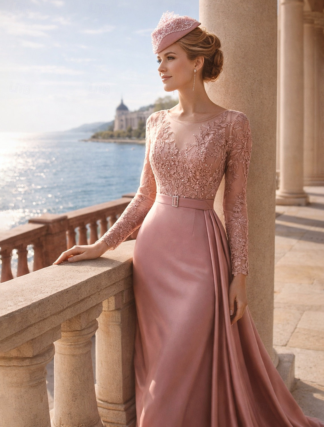 Long Sleeve Applique Mermaid Court Train Floor-Length Evening Dress