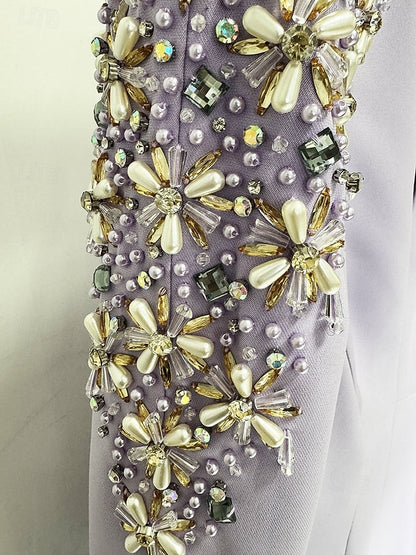 V-Neck Beaded Sparkle Long Sleeve Mermaid Evening Dress