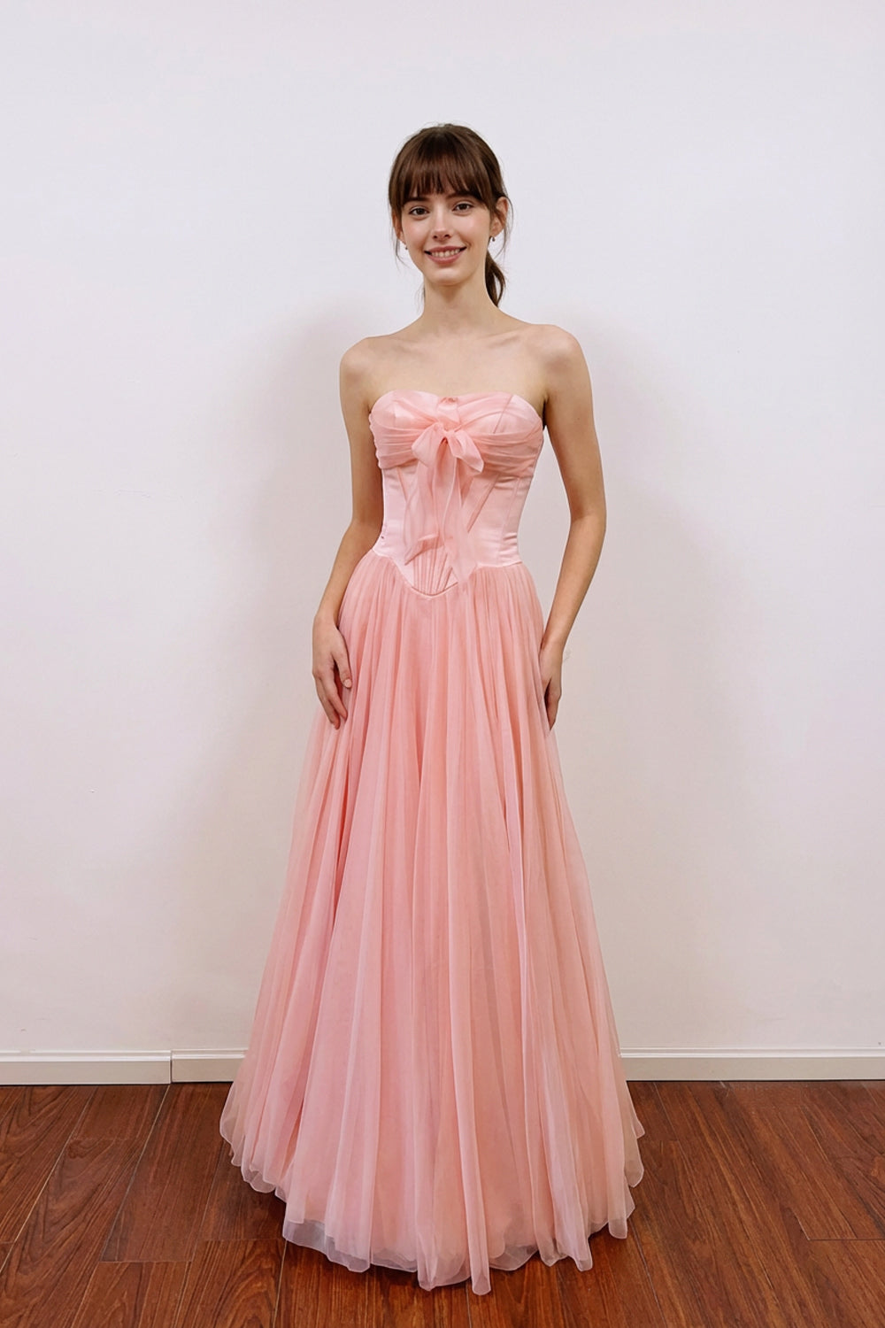 A-Line Sweetheart Corest Chiffon Pink Prom Dress with Bow – VOAND